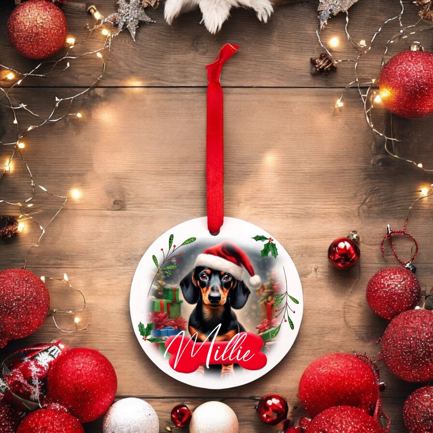 Dachshund Personalised Christmas Bauble , wood pet ornament